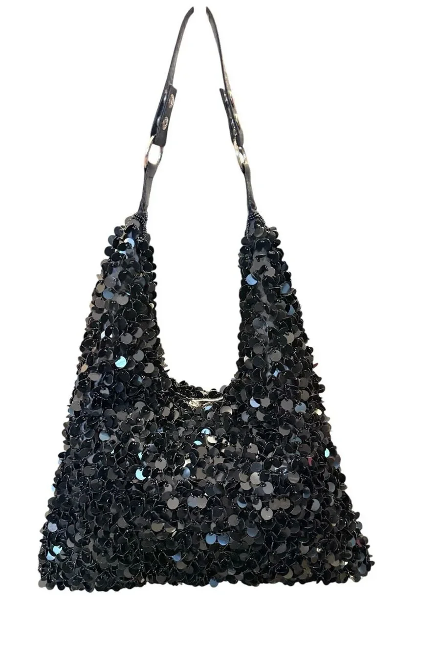 Big Buddah Sequin Slouch Hobo Shoulder Bag Black Vintage Fancy Boho